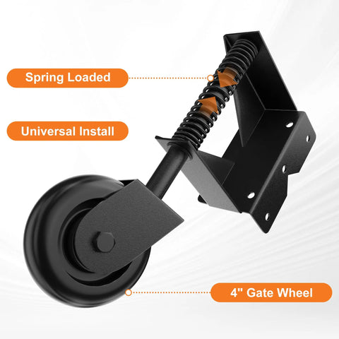 Spring Loaded Gate Wheel With 360 Degree Universal Mount For Wooden, Metal, And Fence Gates, Heavy Duty Gate Caster, Black