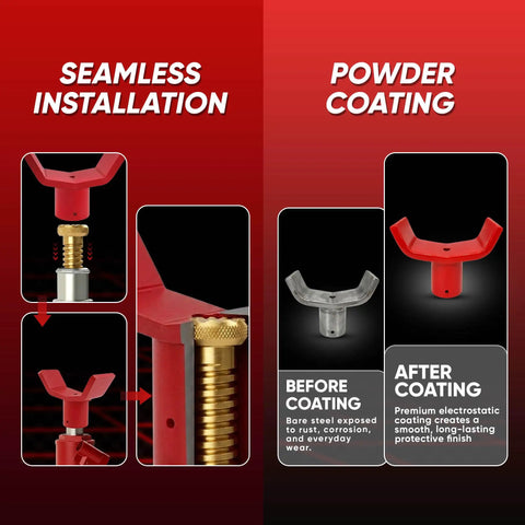 Illustration of the Beefy Heavy Duty 12 Ton Bottle Jack Adapter With One Quarter Inch Steel Axle Saddle showing installation and coating