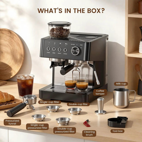 Game Changer Twenty Bar Espresso Machine With Integrated Burr Grinder Thirty Grind Settings Milk Frother Steam Wand And Tamping Tools for smooth cappuccino with accessories laid out.