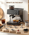 Twenty Bar Espresso Machine With Integrated Conical Burr Grinder And Thirty Precision Grind Settings, Features High Pressure Pump And Calibrated Milk Frother Steam Wand For All Day Grind And Latte Magic with included accessories on countertop.