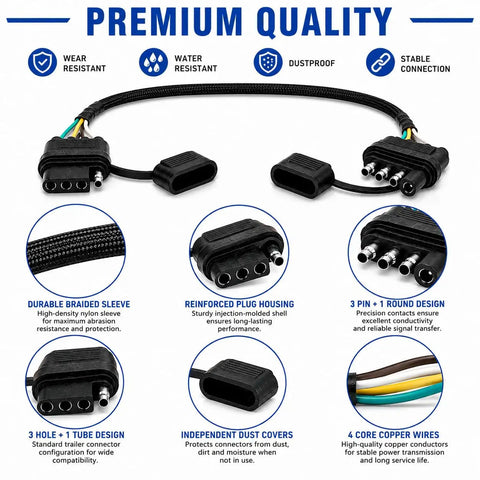 24 Inch 18AWG 4 Pin Trailer Wire Extension And 4 Way Flat Wiring Harness With Dust Cover showing durable braided sleeve and plug housing.