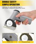 Selumie 2026 New Cordless Electric Scissors, 4V Rechargeable Cardboard Cutter showing safety lock and protective cover.