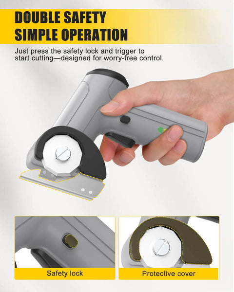 Selumie 2026 New Cordless Electric Scissors, 4V Rechargeable Cardboard Cutter showing safety lock and protective cover.