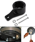 Crankshaft Damper Pulley Holding Tool For Toyota And Lexus Harmonic Balancer Locking Kit With 2 Crank Bolts To Keep Pulley From Rotating During Maintenance, showing tool and bolts in use