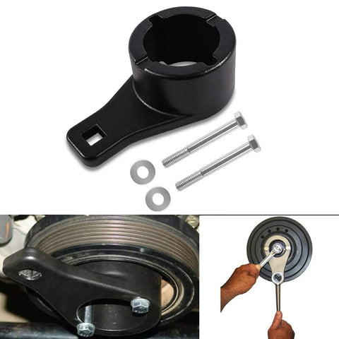 Crankshaft Damper Pulley Holding Tool For Toyota And Lexus Harmonic Balancer Locking Kit With 2 Crank Bolts To Keep Pulley From Rotating During Maintenance, showing tool and bolts in use