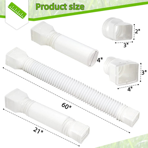 Flexible Downspout Extender For Rain Gutters Extendable From 21 To 60 Inches White 1 Pack Yard Saver Prevents Flooding Erosion Fits 2X3 In And 3X4 In Downspouts, dimensions shown