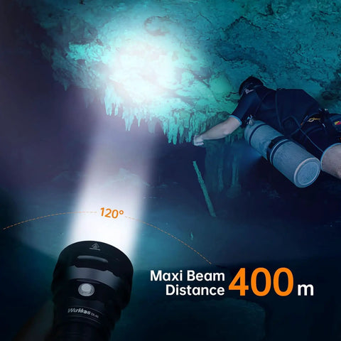 Beast 5000 Lumen DL40 Diving Flashlight With LH351D LEDs illuminating a cave underwater with diver in the background