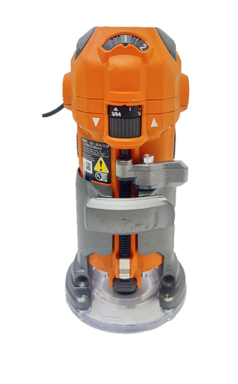 Front view of 5.5 Amp Corded Compact Power Trim Router With Micro Adjust Dial R24012 Renewed LED Light Quick Release Lever