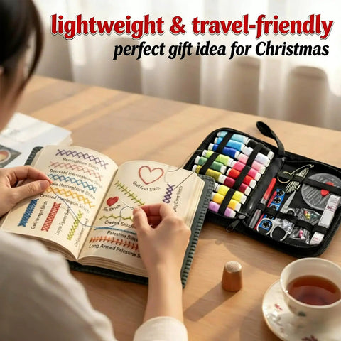 Upgraded Embroidery Stitch Book Kit For Beginners With Full Tools And Clear Tutorial shown on table with open stitch book and toolkit