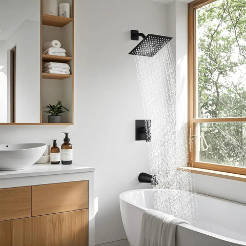 Top Shelf 8 Inch Square Rainfall Shower Head And Matte Black Faucet Set With Tub Spout, Wall Mount Bath Kit Featuring Built Right Design And Easy Swap Fit