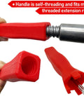 Close-up of red self-threading handle of 9 Inch Screed Spiked Roller For Epoxy Floors Pro Grade Latex Self Leveling Tool With Threaded Handle And Frame.