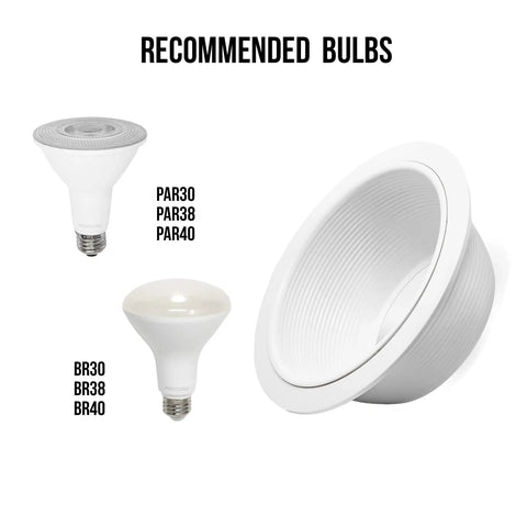 12 Pack 6 Inch Metal Recessed Can Light Trim Cover With Step Baffle Ring In White Fits Most 6 Inch Housings From Halo Elco Juno Nora Elite Commercial Electric And More Trim Only Bulb Not Included showing compatible bulb types