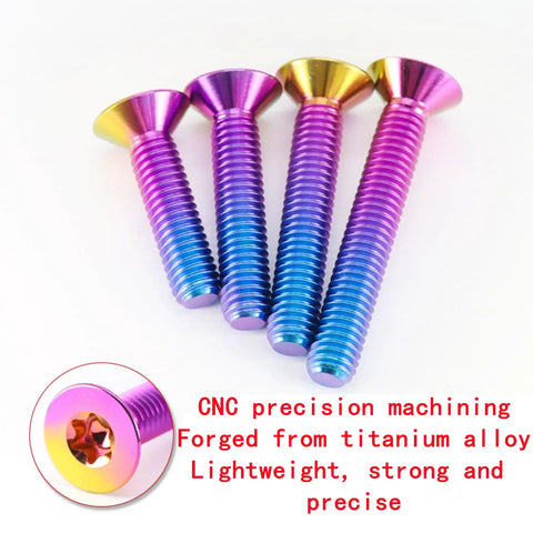 Top Shelf Titanium Countersunk Screws Slick Blue Purple Flat Head Bolts Heavy Duty Aviation Grade Ti 6Al 4V Precision Fasteners M4 M5 M6 M8 Four Pack Machine Upgrade, colorful titanium screws with torx head.