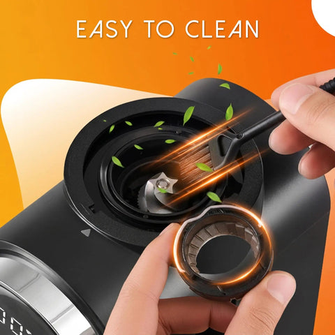 Ollygrin Electric Conical Burr Coffee Grinder With Touch Panel And 30 Precise Settings For Uniform Grinding, showcasing its easy-to-clean design and removable parts.