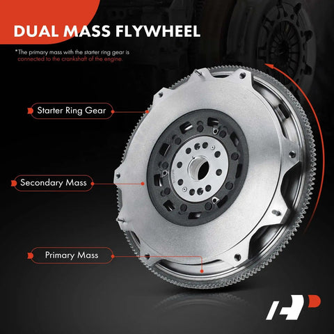 Premium Dual Mass Flywheel Replacement For Ford Mustang 2011 2012 2013 2014 V6 3.7L Engine showing primary mass, secondary mass, starter ring gear.