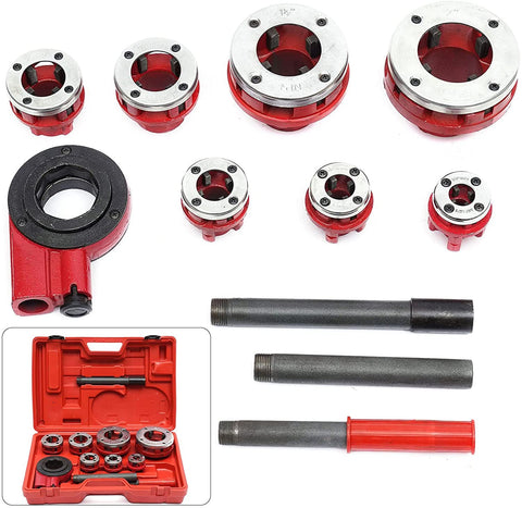 Ratcheting Pipe Threader Kit With Seven Dies Set Covers 3/8 In, 1/2 In, 3/4 In, 1 In, 1-1/4 In, 1-1/2 In, 2 In BSPT, red case, tools