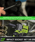 Three Eighth Inch Drive Impact Socket Set With 52 Pieces SAE And Metric Deep And Shallow 6 Point Sockets Includes Ratchet Handle Extension Bars Adapters And Universal Joint Built From CR-V Steel in use.