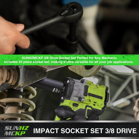 Three Eighth Inch Drive Impact Socket Set With 52 Pieces SAE And Metric Deep And Shallow 6 Point Sockets Includes Ratchet Handle Extension Bars Adapters And Universal Joint Built From CR-V Steel in use.
