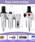 All In One Industrial Auto Drain Air Dryer For Compressors, Three Stage NPT Three Quarter Inch System shown with size details