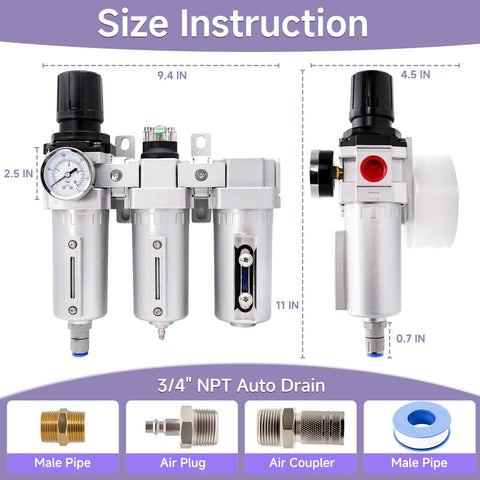 All In One Industrial Auto Drain Air Dryer For Compressors, Three Stage NPT Three Quarter Inch System shown with size details