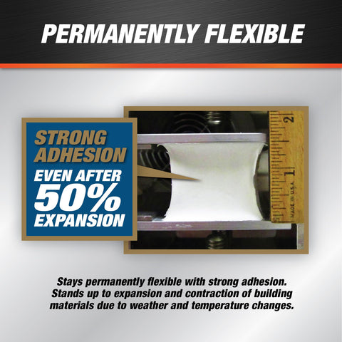 Dynaflex 230 Pro Elastomeric Sealant White 10.1 Oz demonstrating flexibility and strong adhesion after 50% expansion with ruler.