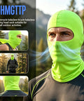 Close-up of man wearing 3 Pack Fluorescent Green Balaclava Full Face Mask For Outdoor Cycling And Bike Riding, soft polyester material.