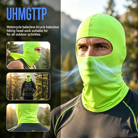 Close-up of man wearing 3 Pack Fluorescent Green Balaclava Full Face Mask For Outdoor Cycling And Bike Riding, soft polyester material.