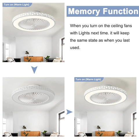 Low Profile Ceiling Fan With Lights Remote Control 19 Inch Enclosed LED Fan in bedroom showing memory function with warm light