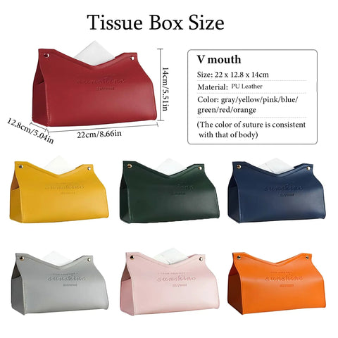Colorful PU leather tissue box covers, including Pink PU Leather Tissue Box Cover Minimalist Modern Nordic Decor For Home Office And Car Durable Rectangle Tissue Holder Vanity Nightstand Parlor Table Decor No Fuss Easy Clean, displayed in six colors.