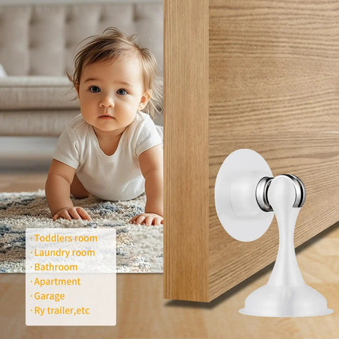 Heavy Duty Stainless Steel Door Stopper With Magnetic Catch, white, installed on wooden door, toddler in background