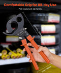 Heavy Duty Ratcheting Cable Cutter Tough As Nails Spring Steel Blades With Killer Grip Handles Quick Release Lever in hand with anti-slip handles.