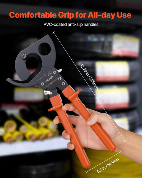 Heavy Duty Ratcheting Cable Cutter Tough As Nails Spring Steel Blades With Killer Grip Handles Quick Release Lever in hand with anti-slip handles.
