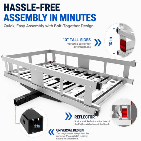 Folding Aluminum Hitch Cargo Carrier For SUV And Truck Use, Beefy 1300 Lbs Capacity Hauler with reflective features and universal design.