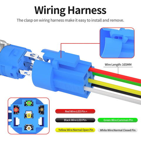 Wiring harness diagram for 12V Momentary Horn Push Button Switch With Blue LED, stainless steel 16mm, automotive applications