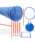 Dog Agility Training Starter Kit With Tunnel, 13 Weave Poles, Adjustable Hurdle, Jump Ring, Pause Box And Carrying Bag For A Complete Obstacle Course Workout For Active Pups Blue, showing blue tunnel and red poles