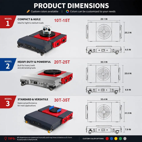 Product dimensions of Heavy Duty Industrial Heavy Load Mover With 360 Degree Electric Remote Transport Platform, models 10T-15T, 20T-25T, and 30T-35T
