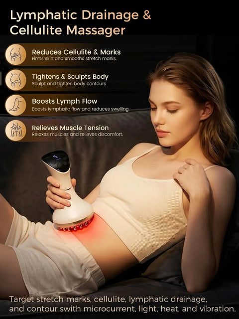 Lymphatic Drainage Massager For Body Sculpting And Anti Cellulite Care with light, pulse, heat, vibration on woman's abdomen