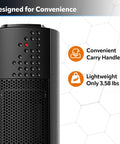 Ceramic Oscillating Tower Space Heater With Built In Thermostat And Two Heat Settings Energy Efficient Tiny But Mighty Portable 1500W Unit Delivers Even Heating Quiet Operation Wide Oscillation Desk Or Home Use Black with handle and lightweight design.