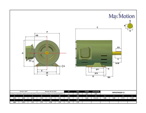 Heavy Duty Workhorse General Purpose Electric Motor 2HP 3600RPM 575V 3 Phase 60Hz ODP Enclosure 145T Frame Premium Rolled Steel IP23 Class F 1.15 Service Factor NEMA Design B for Compressors Pumps Conveyors Fans dimension drawing, 145T frame