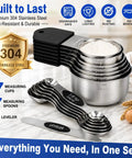 Heavy Duty Measuring Cups And Spoons Set With Strong N52 Magnets, 304 Stainless Steel Kitchen Tools, 15 Piece Round Set With Leveler For Baking And Cooking, BPA Free, Fits In Spice Jars, stacked on countertop