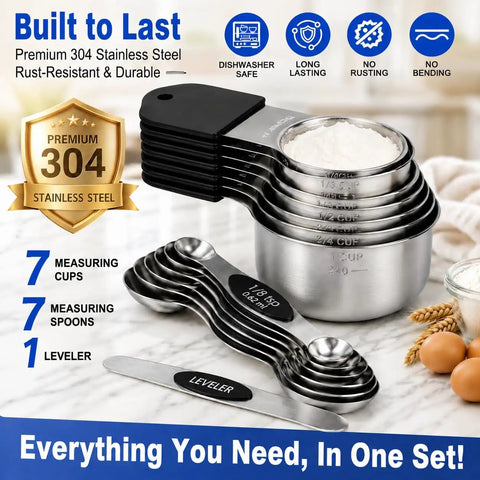 Heavy Duty Measuring Cups And Spoons Set With Strong N52 Magnets, 304 Stainless Steel Kitchen Tools, 15 Piece Round Set With Leveler For Baking And Cooking, BPA Free, Fits In Spice Jars, stacked on countertop