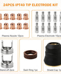 24pcs Plasma Cutting Torch Consumables Kit With Heat Resistant Copper Electrodes And Hafnium Tip Plus Stainless Steel Nozzles For Durable IPT40 Cutter Performance, includes components like nozzles and electrodes.