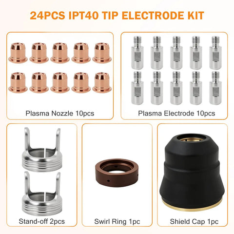 24pcs Plasma Cutting Torch Consumables Kit With Heat Resistant Copper Electrodes And Hafnium Tip Plus Stainless Steel Nozzles For Durable IPT40 Cutter Performance, includes components like nozzles and electrodes.