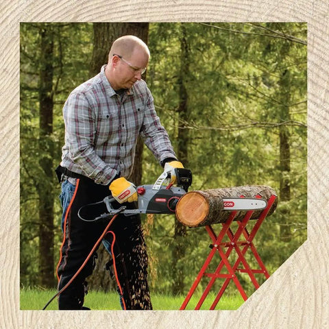 Man using a chainsaw with ControlCut Chainsaw Chain For 20-Inch Bar With 81 Drive Links Low Kickback And Low Vibration in forest
