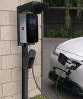 Ride-Ready Outdoor EV Charging Pedestal Housing a Tough Steel Hood Shielding Plug-In Wheels From Storms with charging cable.