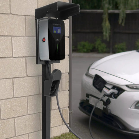 Ride-Ready Outdoor EV Charging Pedestal Housing a Tough Steel Hood Shielding Plug-In Wheels From Storms with charging cable.