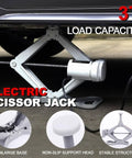 Electric 12V Car Jack Kit With Floor Jack Stands, Heavy Duty 3 Ton Vehicle Scissor Lift, shown lifting a car