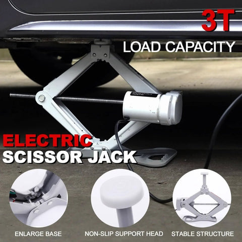 Electric 12V Car Jack Kit With Floor Jack Stands, Heavy Duty 3 Ton Vehicle Scissor Lift, shown lifting a car