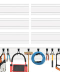 Durable PVC Slatwall Panel Set For Garage And Workshop, 6 Pieces, 6X24 Inch Slat Wall Boards with tools hung on display