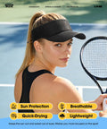 Woman wearing Mesh Breathable Sports Visor For Men And Women Adjustable All Day Lightweight Quick Dry Sun Hat with tennis racket